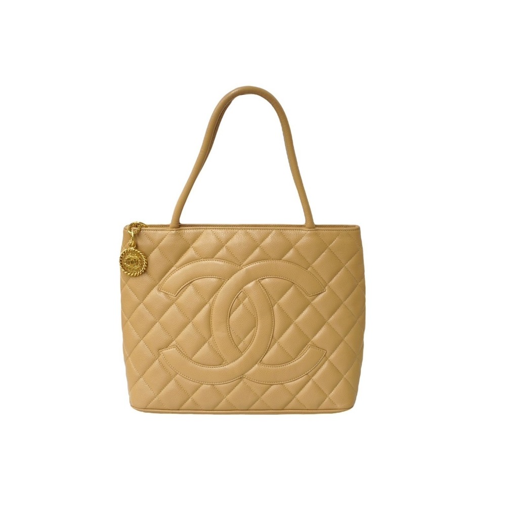 CHANEL Reprint Tote Handbag Coco Mark Caviar Skin Beige